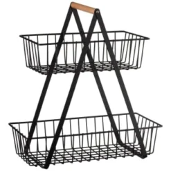 B&M Two Tier Storage Basket With Wooden Handle