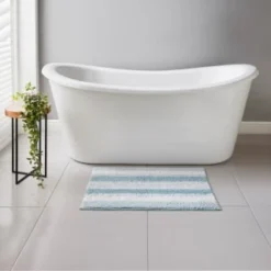 B&M Newbury Stripe Bath Mat 50 X 80cm - Blue