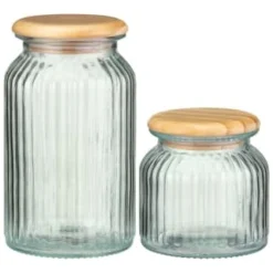 B&M Large Ribbed Glass Jar With Wooden Lid -Comfort Home Store 394426 394427 ribbed glass jar with wooden lid group