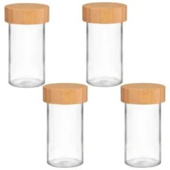 B&M Set Of 4 Glass Spice Jars With Bamboo Wood Base -Comfort Home Store 394437 set of 4 glass spice jars with bamboo wood lid and base group